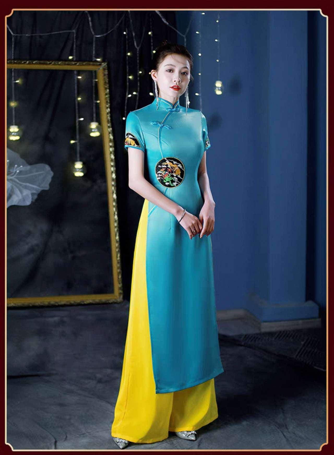Elegante Cheongsam Blanco, Conjunto Qipao Chino, Vestido Panel Azul, Vestido de Noche Oriental, Vestido Largo, Vestido Ceremonia Cultural