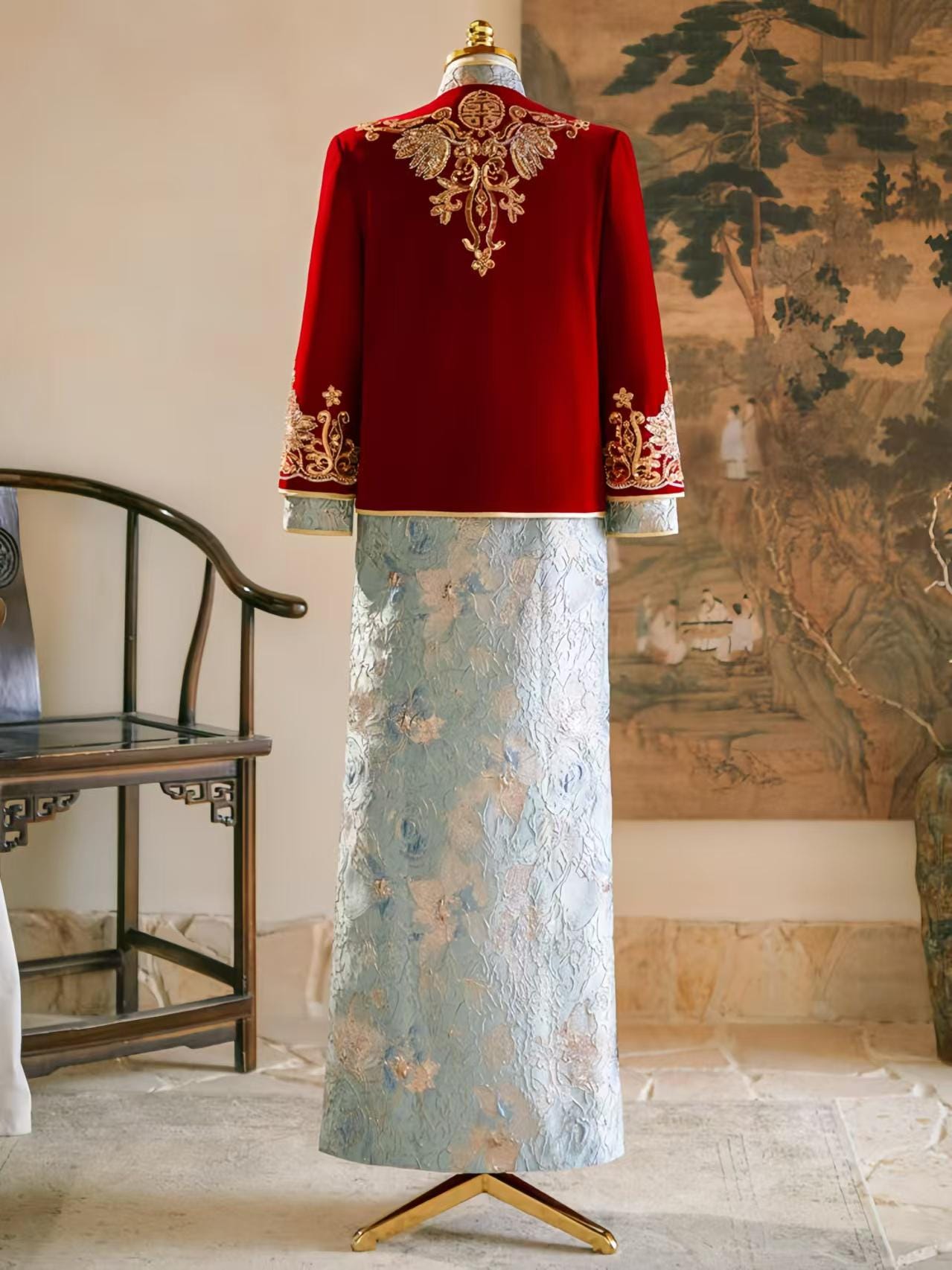 Men's Luxury Velvet Wedding Suit, Red Silk Dragon and Phoenix Embroidery Shaoxing Suit, Elegant Traditional Chinese Groom Suit