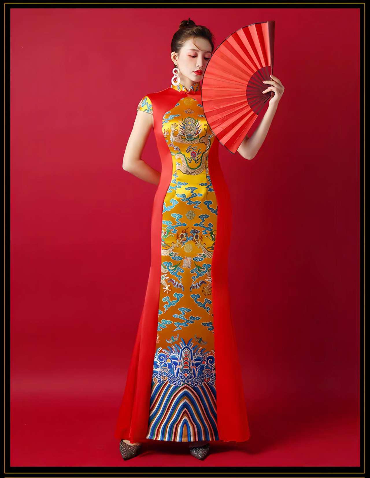 Cheongsam Dragón Imperial, Vestido Chino Amarillo, Vestido de Noche Oriental, Qipao Largo,Traje Tradicional Asiático,Traje Escénico Cultural