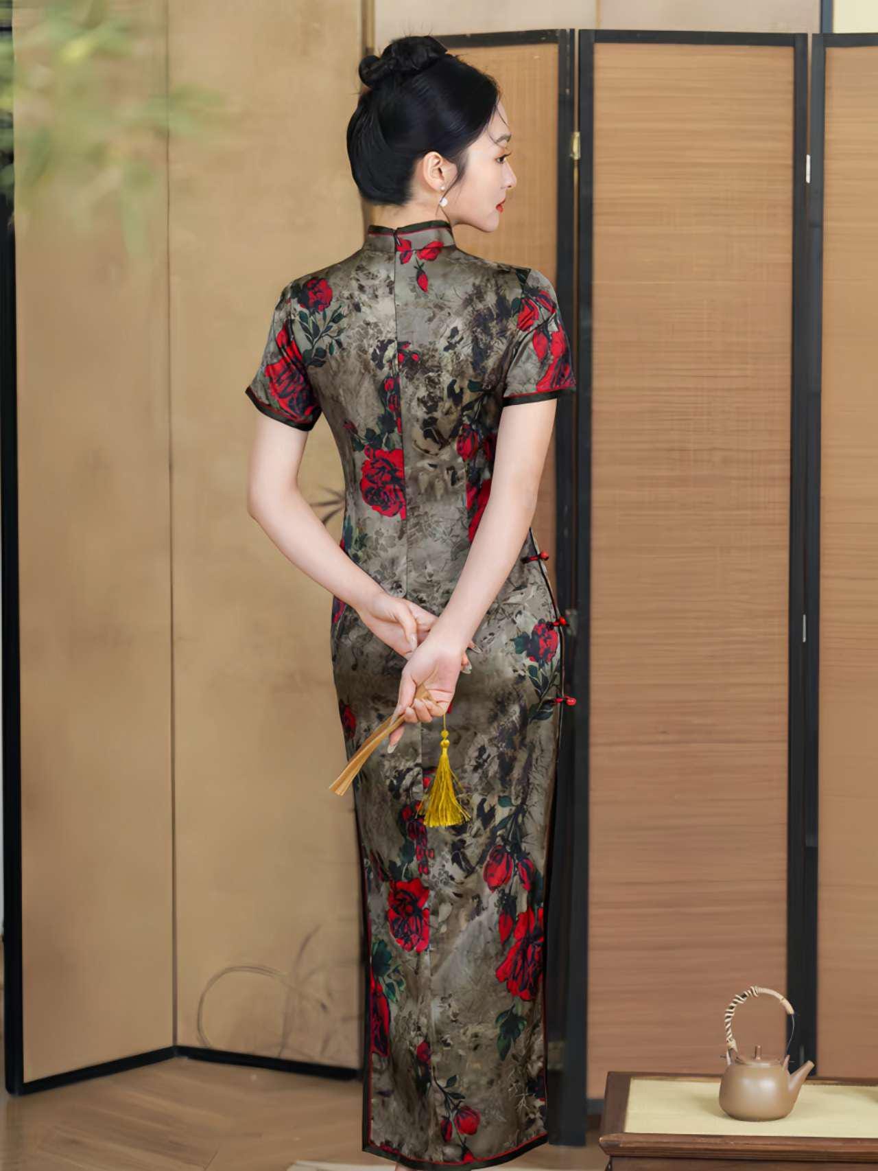 Qipao Rosa Vintage, Elegante Cheongsam Jacquard, Vestido Retro Chino, tallas grandes M-4XL,Vestido para Ceremonia del Té,Regalo para ella