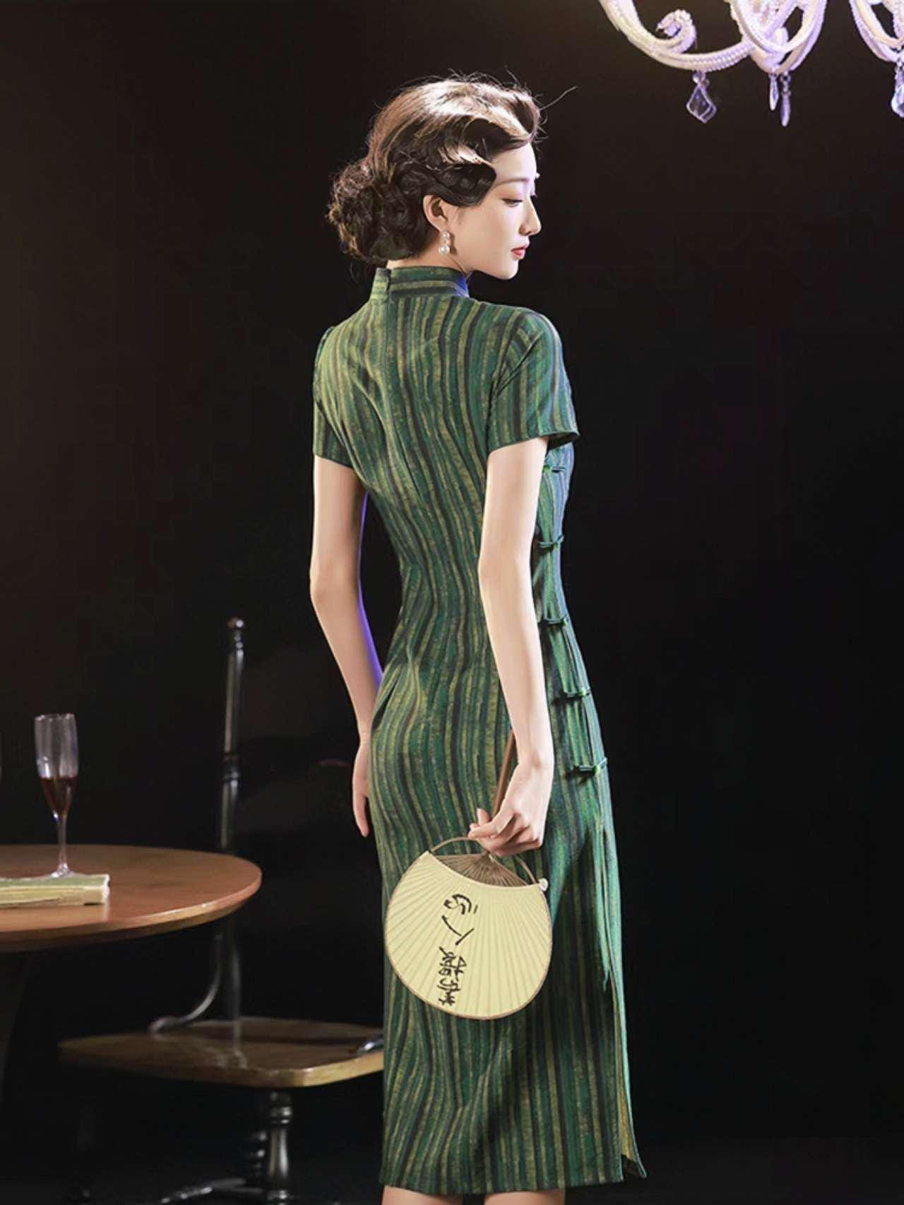 Qipao Verde Vintage, Cheongsam Retro Chino, Vestido Qipao a Rayas, Estilo Clásico de Shanghai, Qipao del Viejo Hollywood,Traje Tea Party