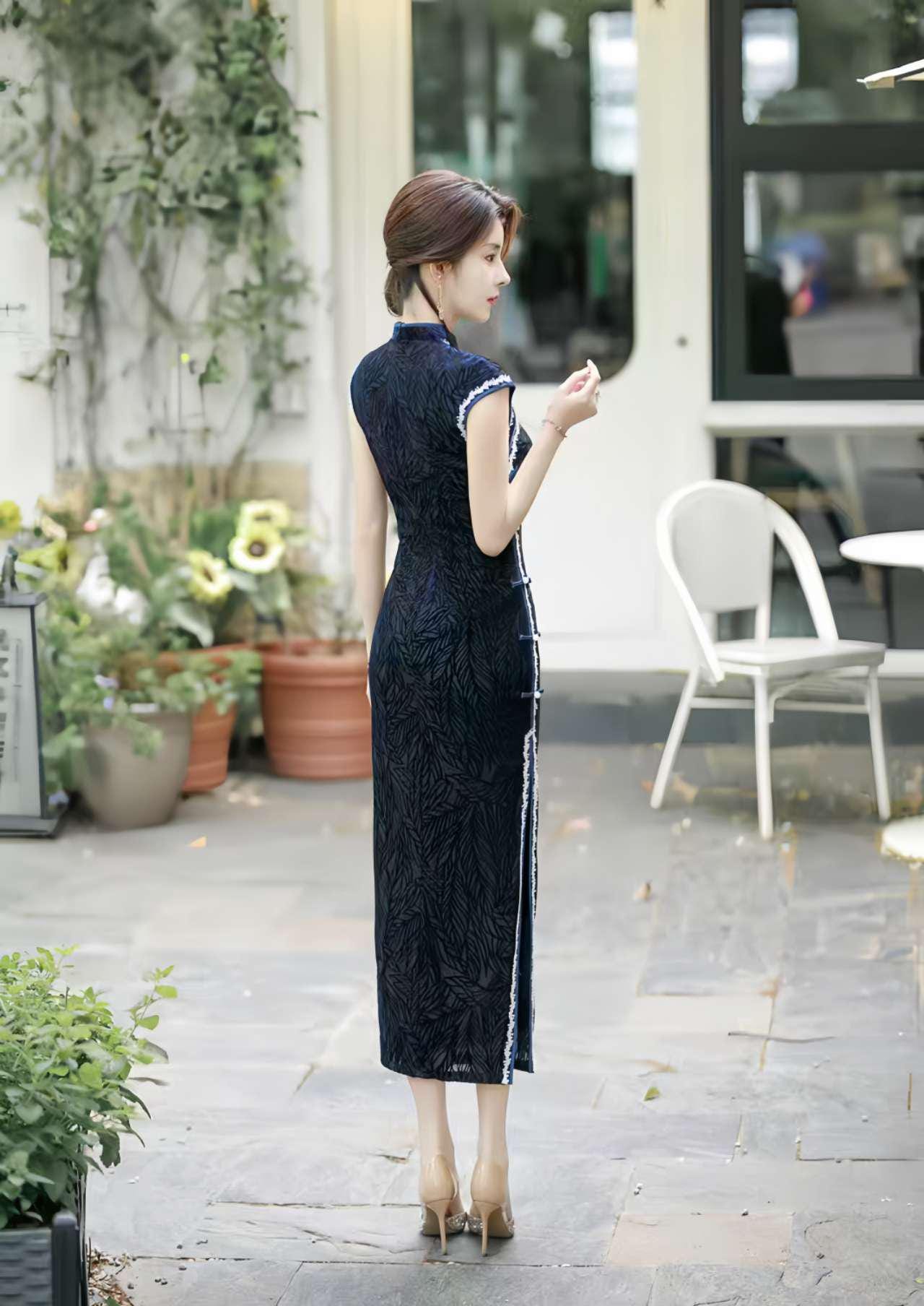 Vestido Qipao Hoja de Terciopelo, Cheongsam Chino Azul Oscuro, Vestido Oriental Vintage, Elegante Qipao de Fiesta, Qipao Retro Clásico