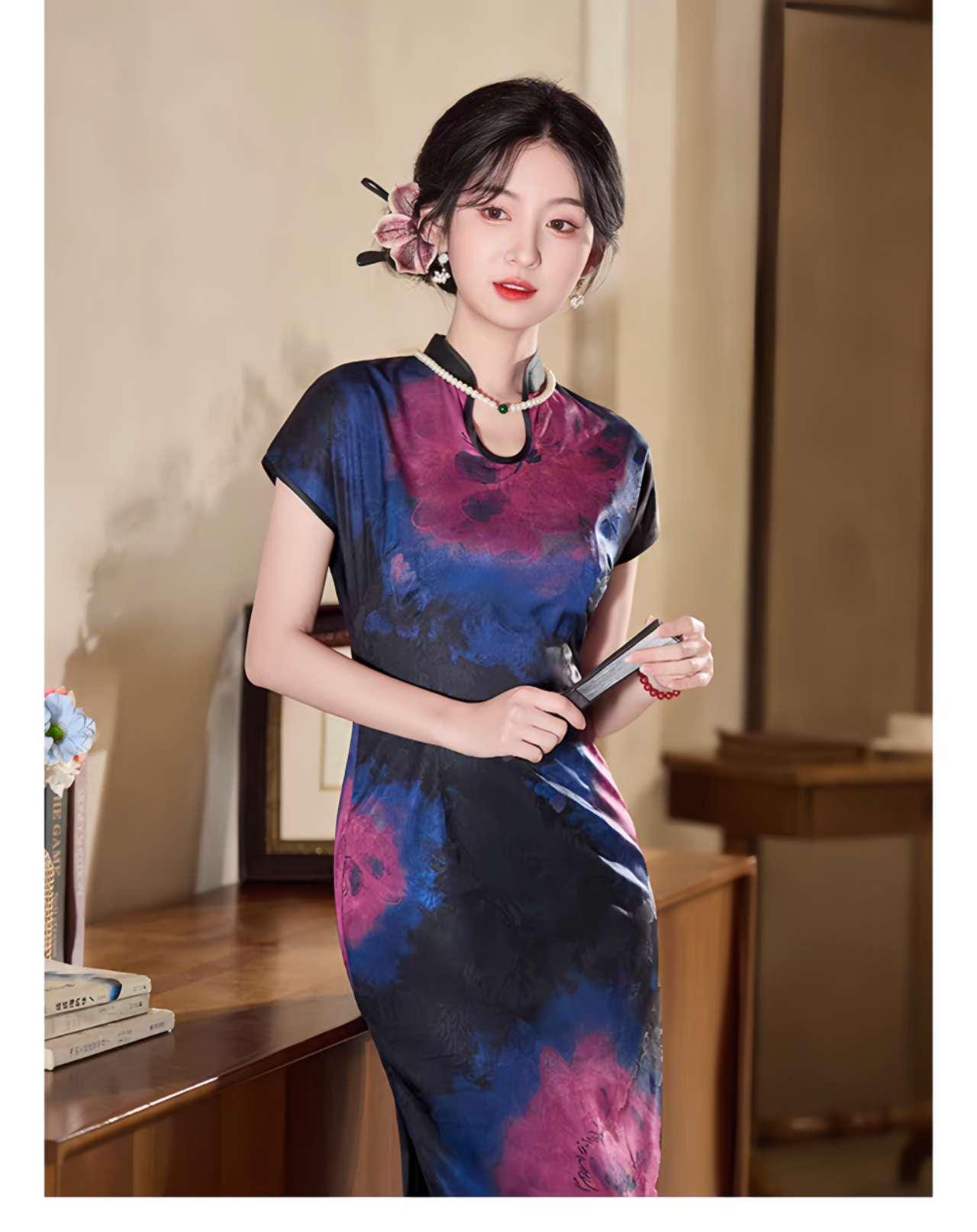 Qipao con Cuello de Gota de Agua, Cheongsam Vintage, Qipao con Aspecto de Seda Suave, Qipao Primavera Verano, Vestido Tradicional Chino