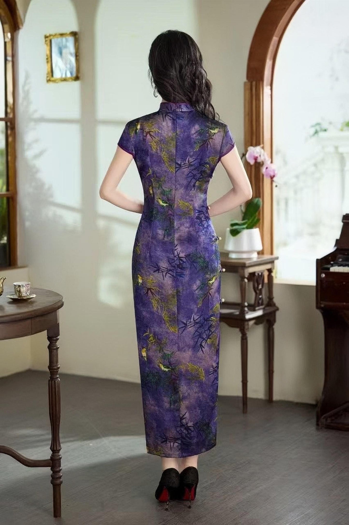 vestido qipao bambú violeta, qipao púrpura sofisticado, Vestido Cheongsam Moderno,  Vestido Vintage Elegante para Té, regalo para ella