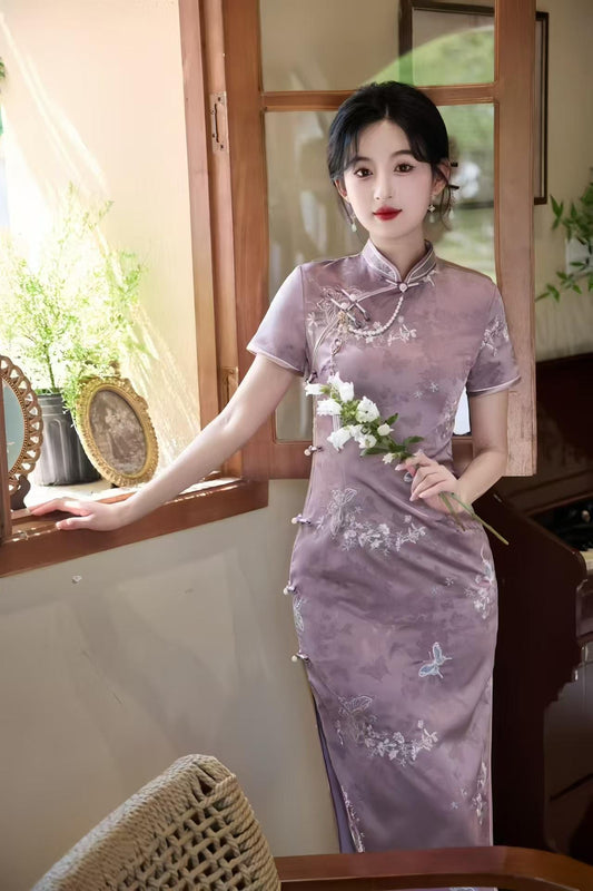 Jacquard Embroidery Qipao, Butterfly and Flower Cheongsam Dress, Elegant Chinese Long Dress, Vintage Oriental Cocktail Party Costume