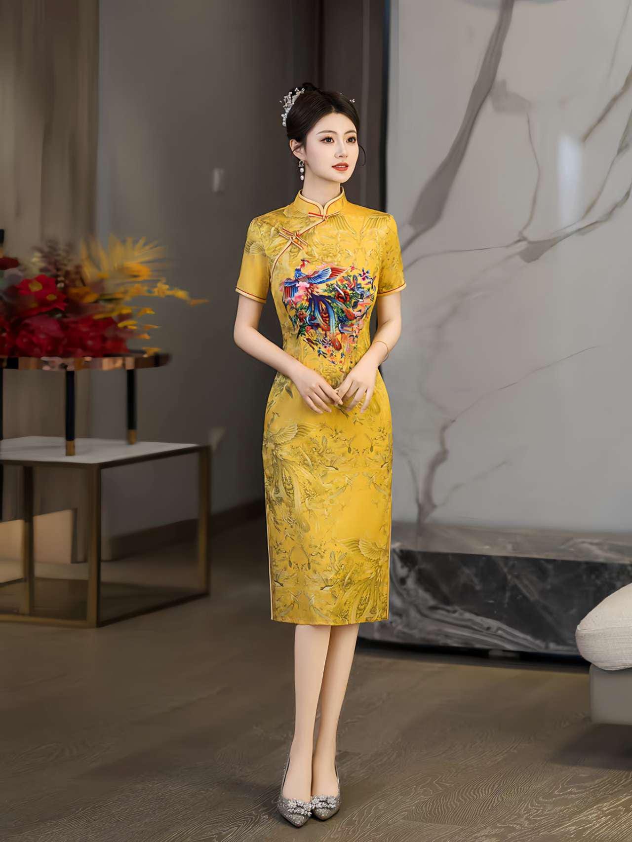 Qipao Amarillo Fénix, Vestido Cheongsam Corto, Vestido de Fiesta Chino, Traje de Cóctel Oriental, Vestido de Invitada de Boda Retro