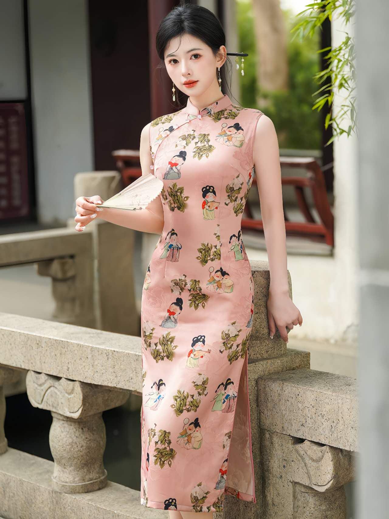Cheongsam Rosa, Qipao Vintage Lady Print, Vestido Cultural Chino, Qipao Inspirado en Hanfu, Vestido para Ceremonia del Té, regalo para ella