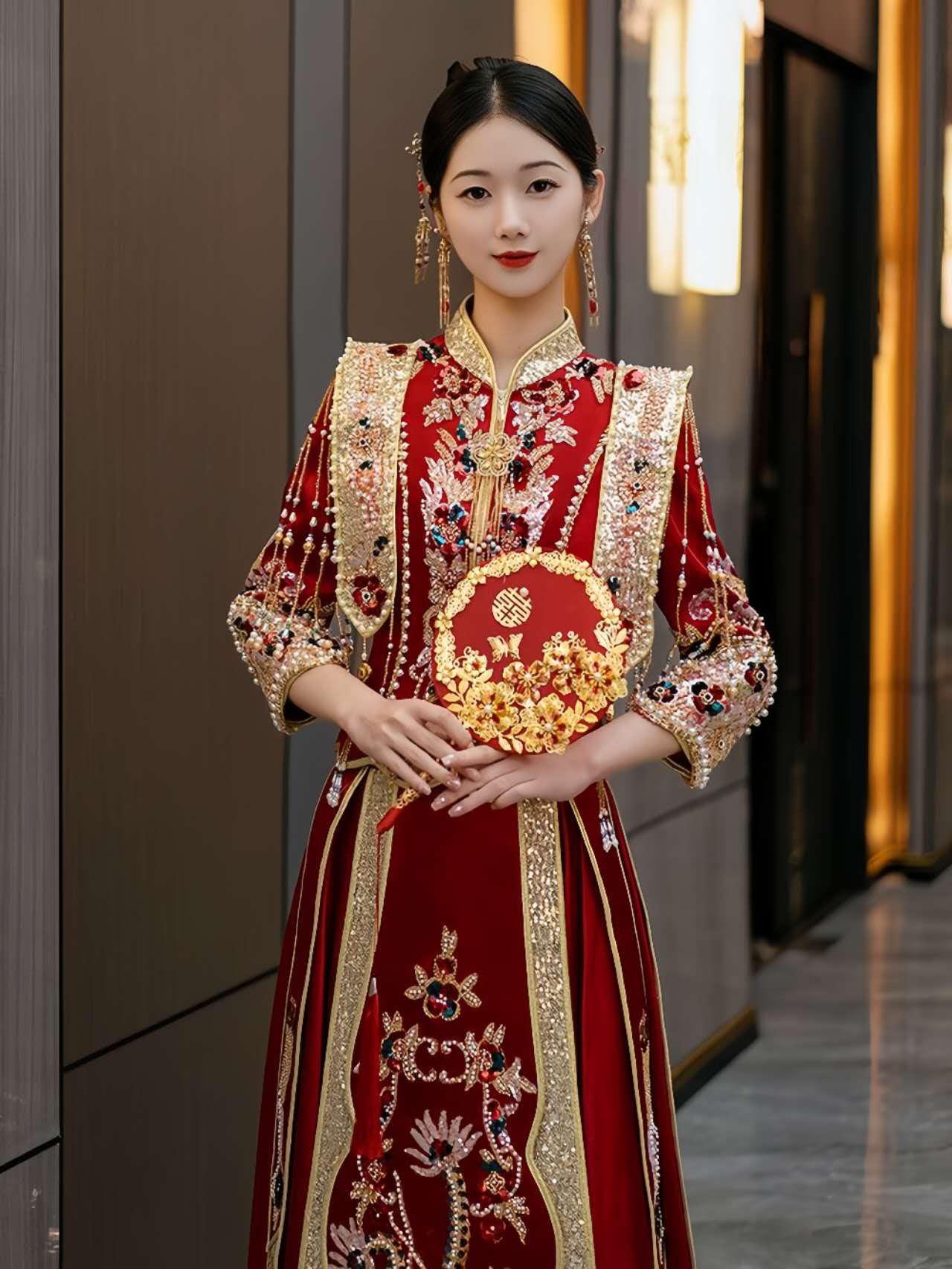 Vestido Chino Rojo Real, Vestido Tradicional Qun Kwa, Traje de Novia Cheongsam Vintage, Ceremonia de Té de Boda, Look de Compromiso Chino