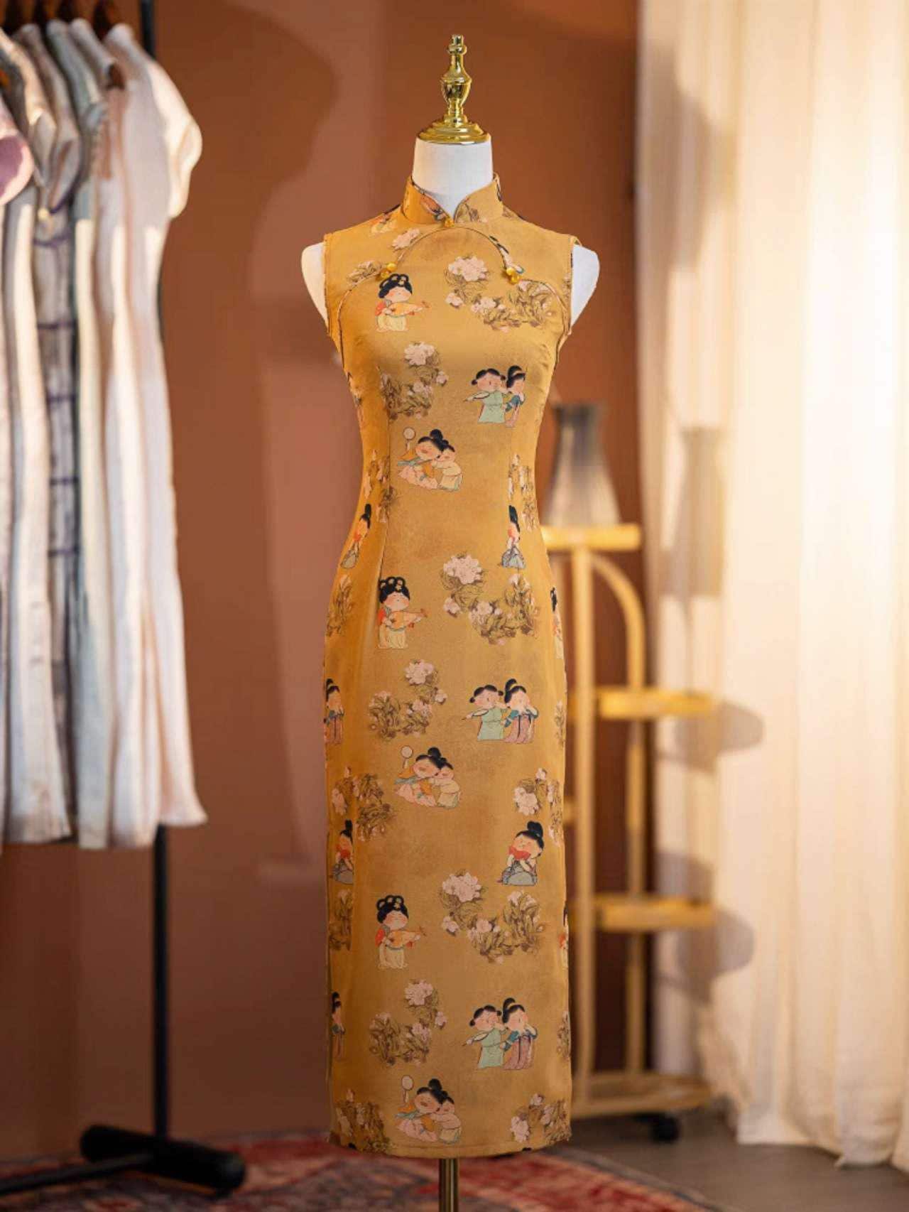 vestido cheongsam retro, qipao largo con dibujos chinos,vestido artístico estilo vintage, regalo para mamá,Vestido Vintage Elegante para Té