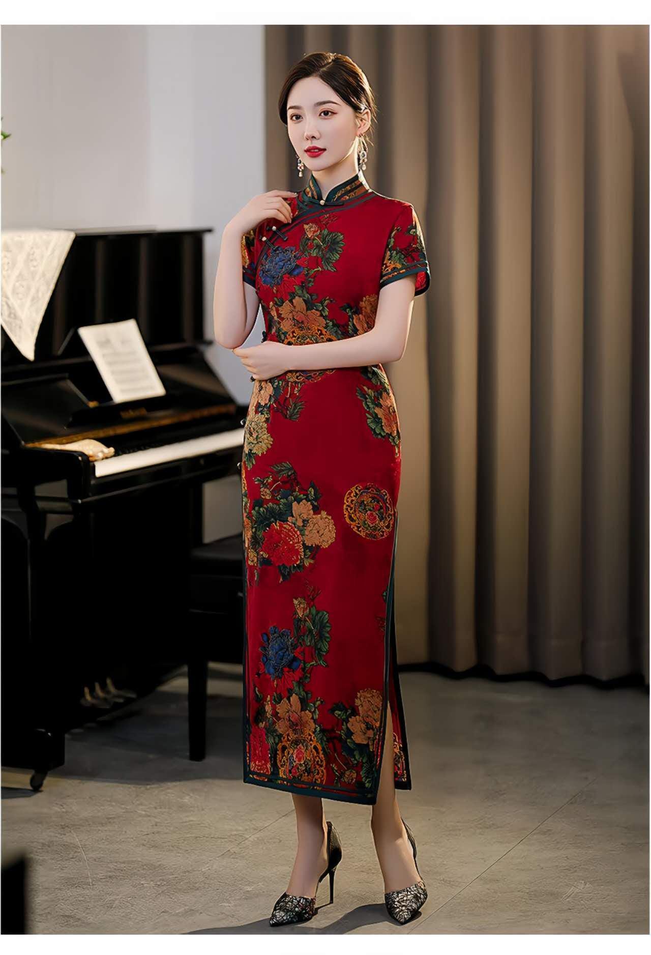 qipao elegante rojo, vestido vintage oriental, ropa cheongsam fiesta, Vestido Vintage Elegante para Té, regalo madre elegante, retro