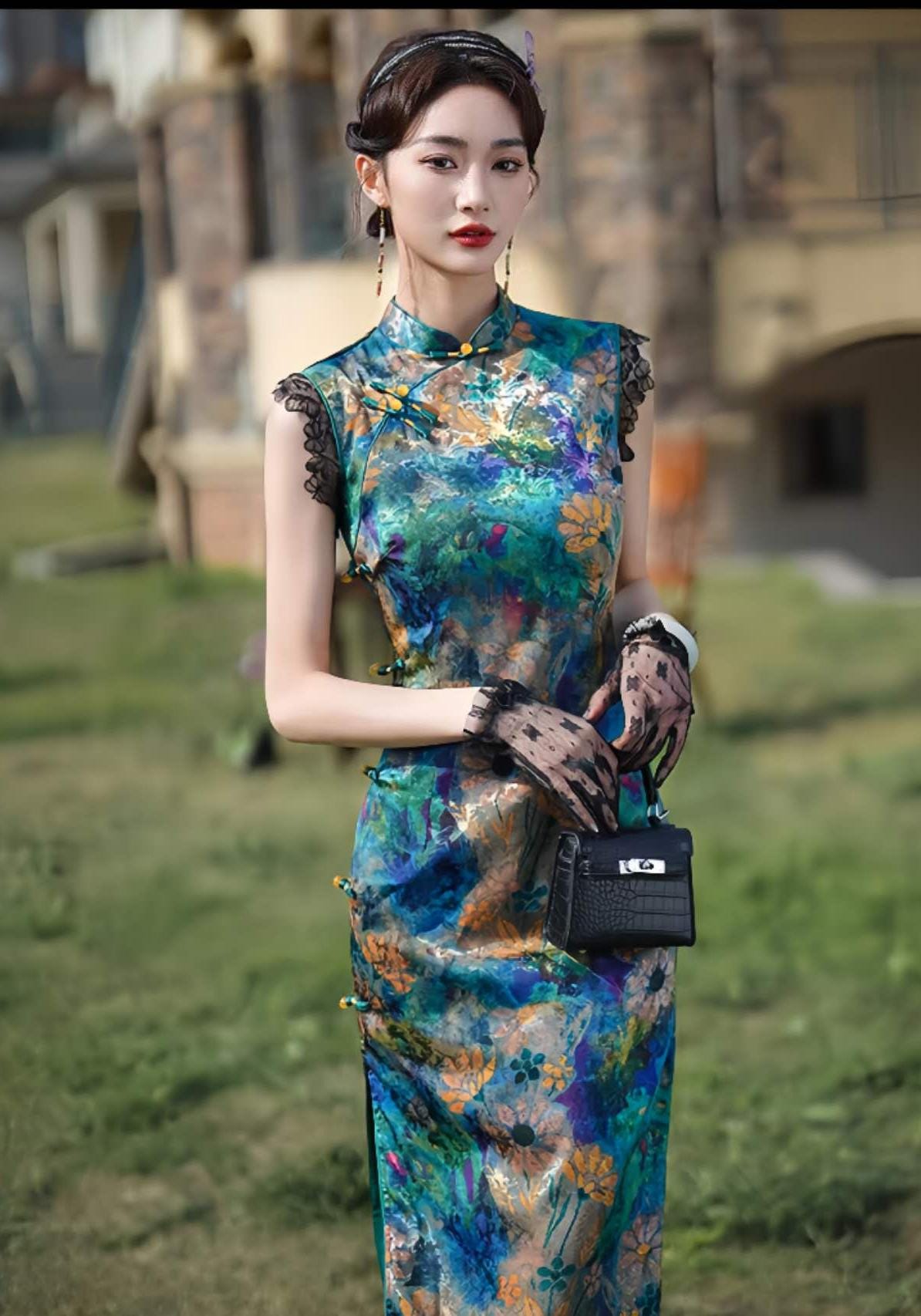 Vestido Qipao Chino Vintage, Cheongsam Largo Elegante, Ropa Tradicional Oriental, Vestido Asiático Hecho a Mano,Moda Retro, Vestido para Té