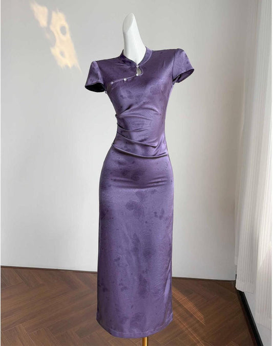 Qipao púrpura, vestido chino cheongsam vintage, vestido antiguo estilo Shangai, vestido retro de cóctel,Vestido Vintage Elegante para Té
