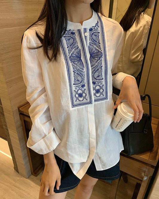 Camisa Lino Bordado Étnico - Blusa Boho Blanca Mujer – Top étnico manga larga – Blusa campesina blanca – Blusa artesanal hecha a mano