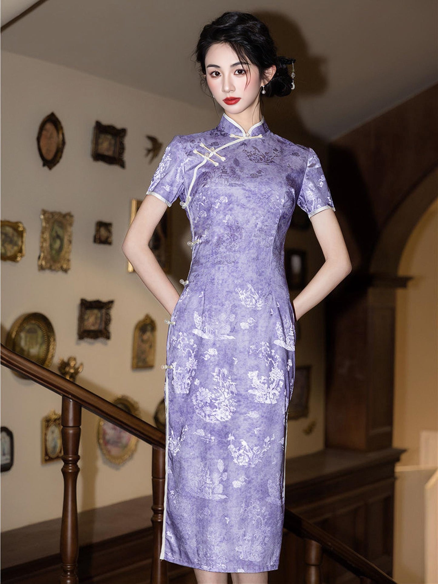 Vestido Qipao Morado, Elegante Cheongsam Chino,Vestido Retro Midi, Vestido Invitación de Boda Lavanda, Vestido Ceremonia Té,regalo para ella