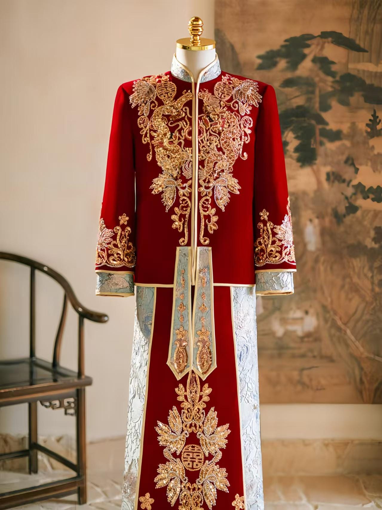 Men's Luxury Velvet Wedding Suit, Red Silk Dragon and Phoenix Embroidery Shaoxing Suit, Elegant Traditional Chinese Groom Suit