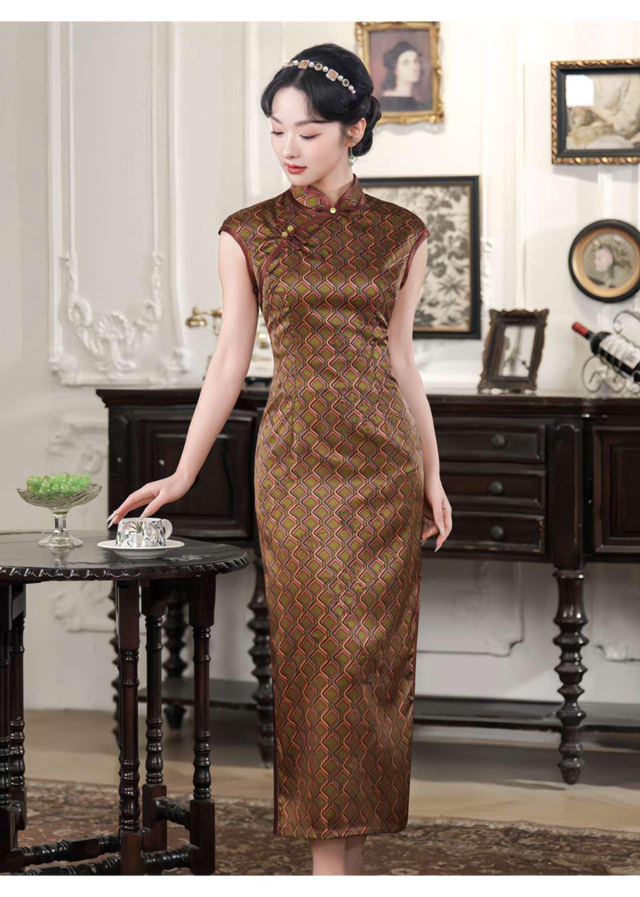 Qipao Jacquard Retro, Vestido Chino Vintage, Elegante Vestido Cheongsam, Vestido de Fiesta Oriental, Vestido de Noche, Ceremonia del Té