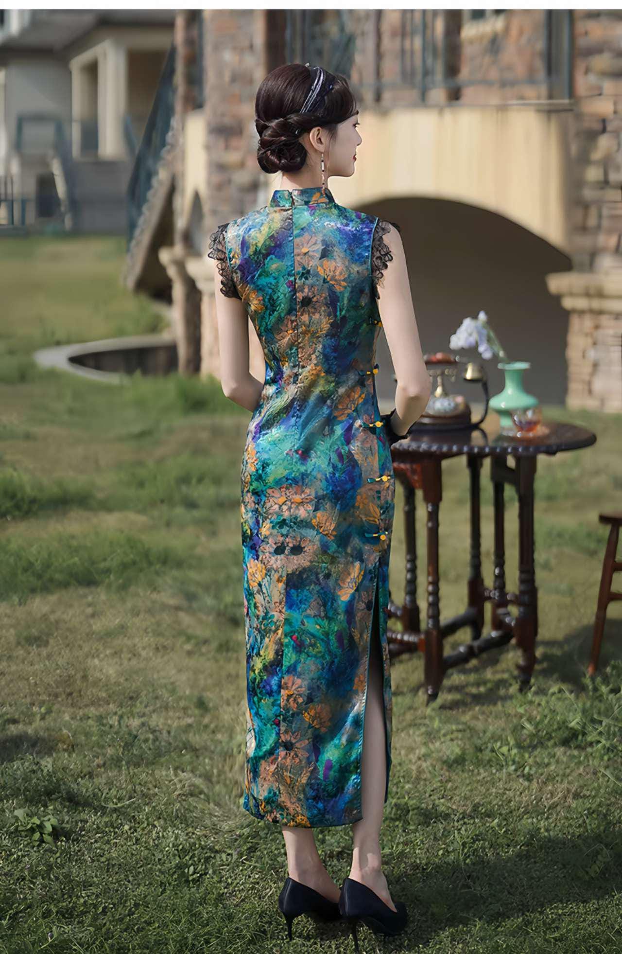 Vestido Qipao Chino Vintage, Cheongsam Largo Elegante, Ropa Tradicional Oriental, Vestido Asiático Hecho a Mano,Moda Retro, Vestido para Té