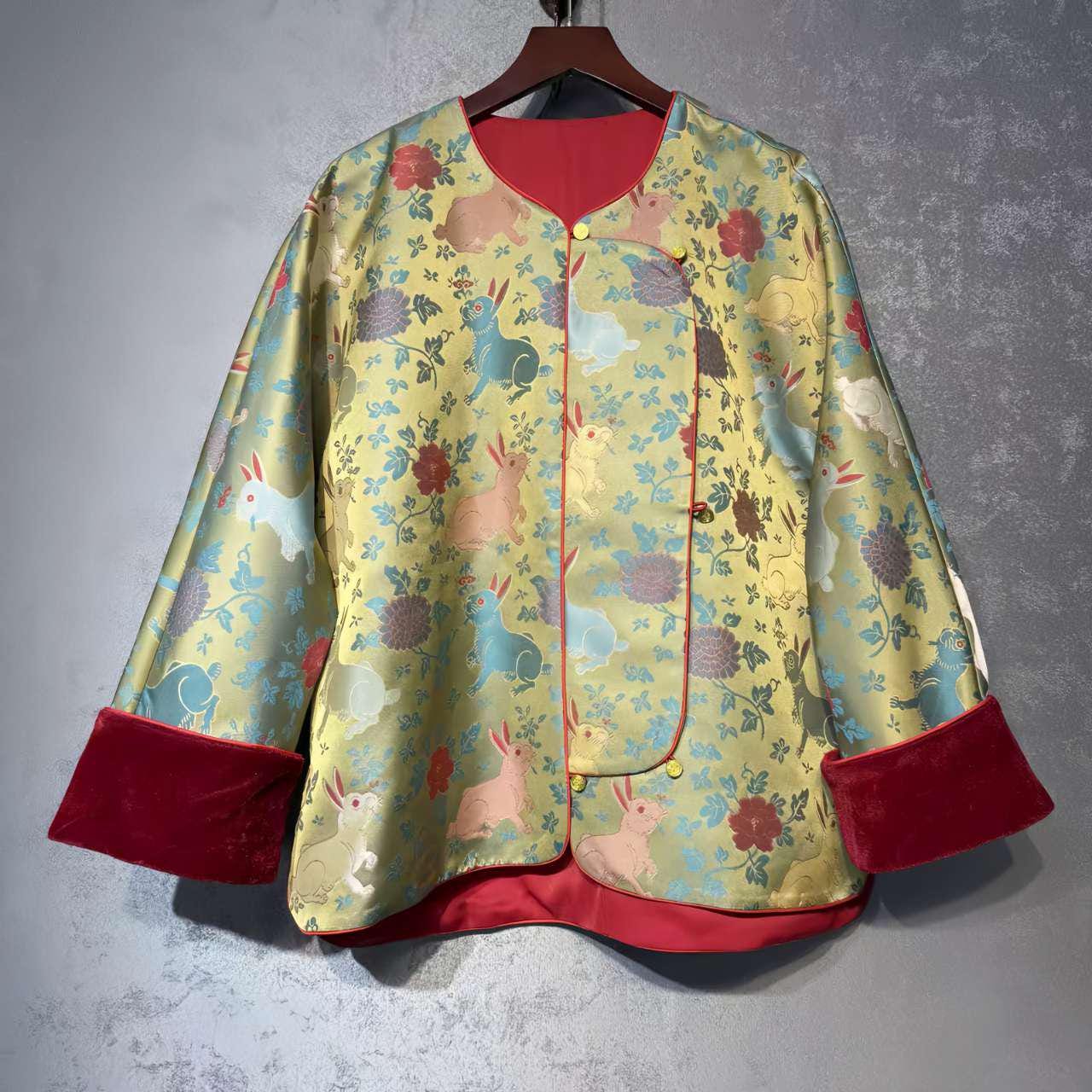 Chaqueta de seda brocada de conejo, abrigo del año del conejo, regalo chino de la suerte para ella,chaqueta dorada del zodiaco Tang,vintage,
