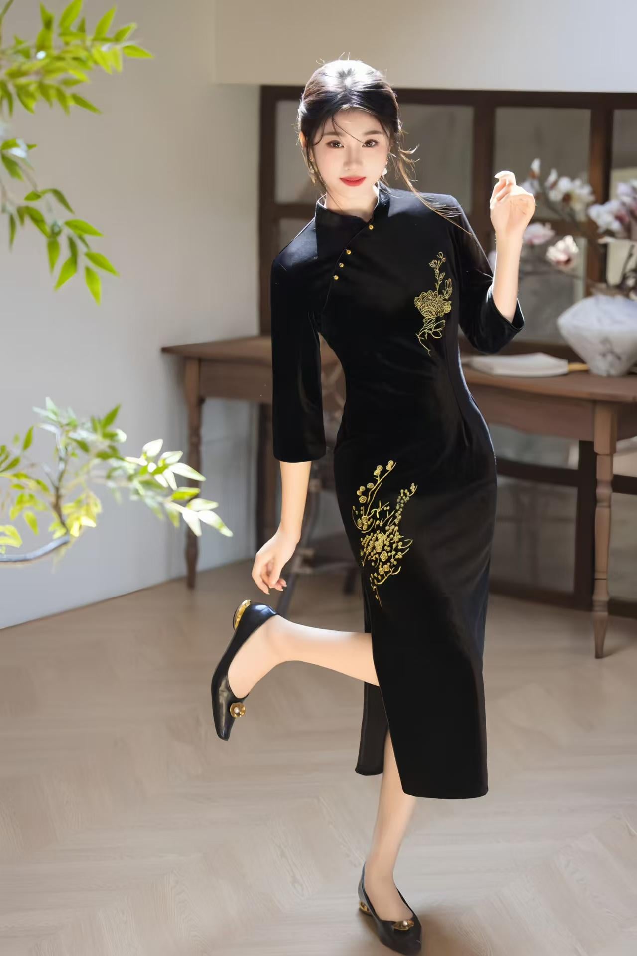 Velvet Embroidered Qipao Dress, Black Cheongsam with Gold Floral Embroidery, Elegant Oriental Midi Dress, Luxury Autumn Chinese Dress