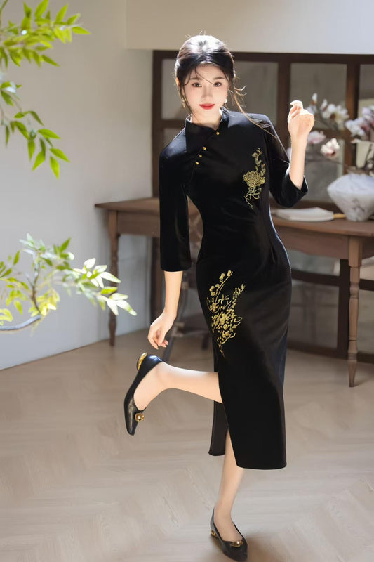 Velvet Embroidered Qipao Dress, Black Cheongsam with Gold Floral Embroidery, Elegant Oriental Midi Dress, Luxury Autumn Chinese Dress