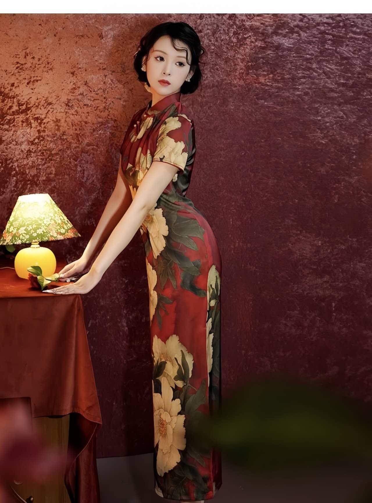 Romántico Qipao Peonía, Vestido Cheongsam Floral Rojo, Vestido de Novia Chino, Vestido Patrón Peonía, tallas grandes S-4XL, Regalo para ella