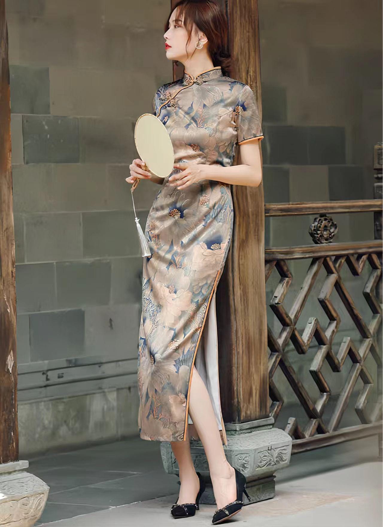 Cheongsam de seda vintage, Vestido Qipao para Ceremonia del Té, vestido de noche retro chino, vestido de cóctel oriental, regalo para ella