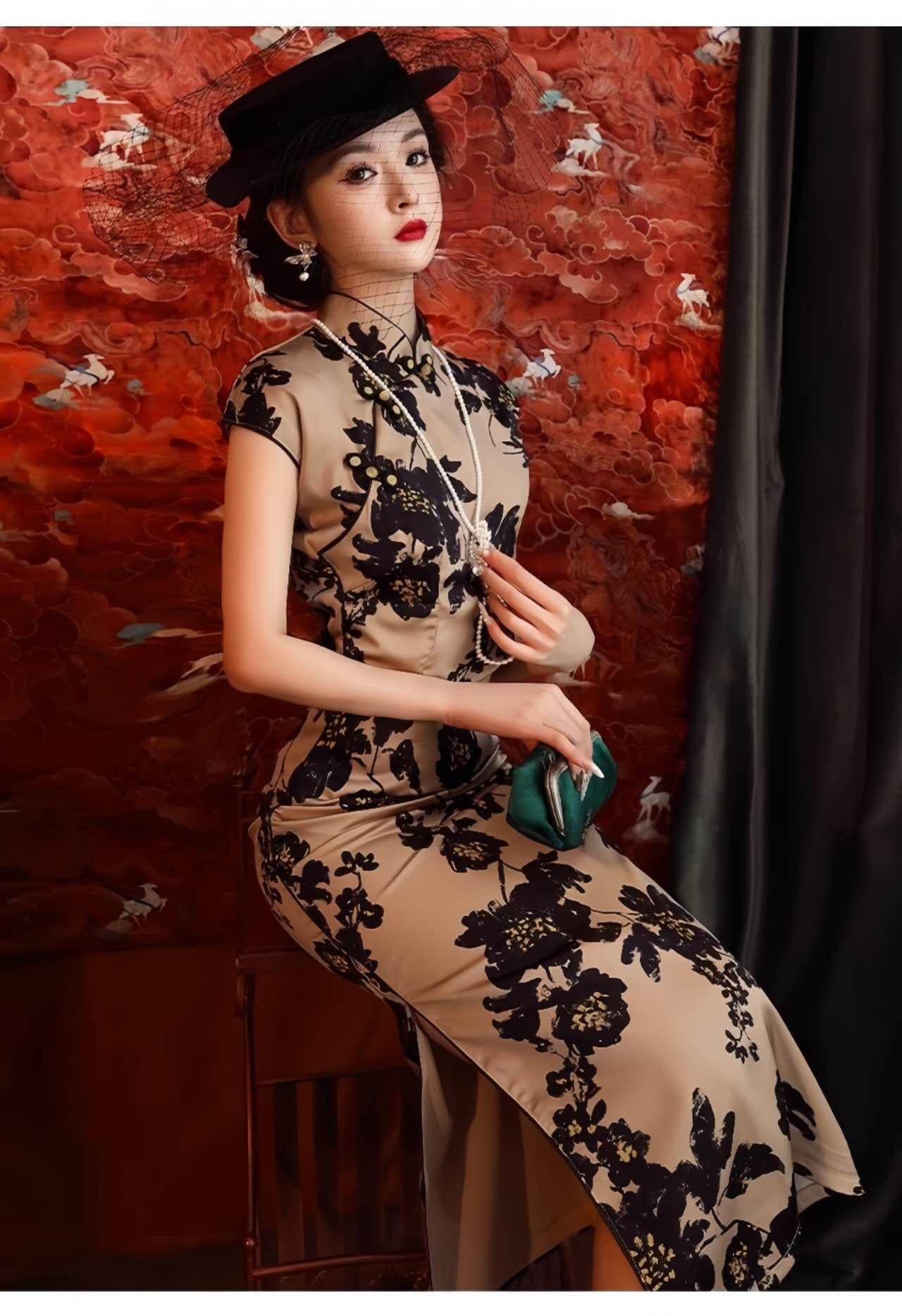 Retro Floral Qipao, Brown Cheongsam Dress, Elegant Vintage Qipao, Oriental Tea Party Dress, Wedding Guest Dress, Gift for Her