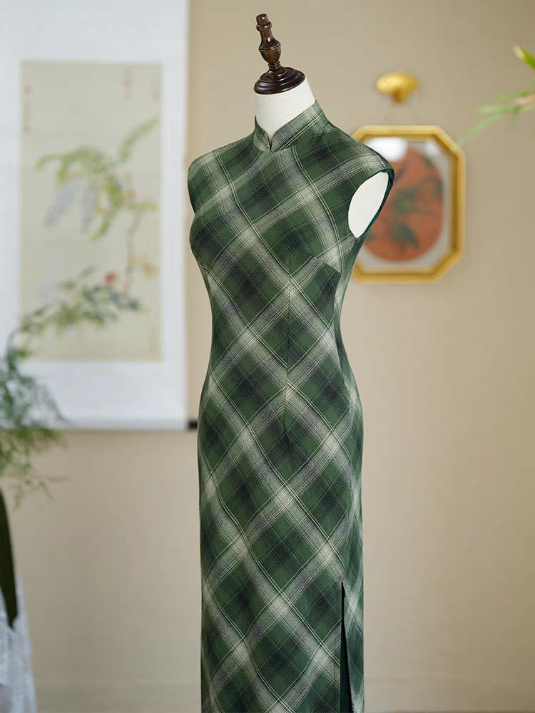 Green Plaid Cheongsam, Retro Cotton Qipao Dress, Vintage Chinese Dress, Tea Ceremony Dress, Gift for Her