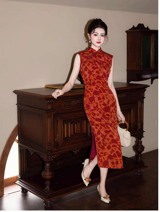 Qipao Floral Rojo, Vestido Chino Retro, Cheongsam Vintage, Traje de Boda, Elegante Moda Asiática, Vestido para Té o Gala, regalo para ella