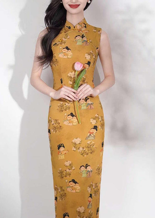 vestido cheongsam retro, qipao largo con dibujos chinos,vestido artístico estilo vintage, regalo para mamá,Vestido Vintage Elegante para Té