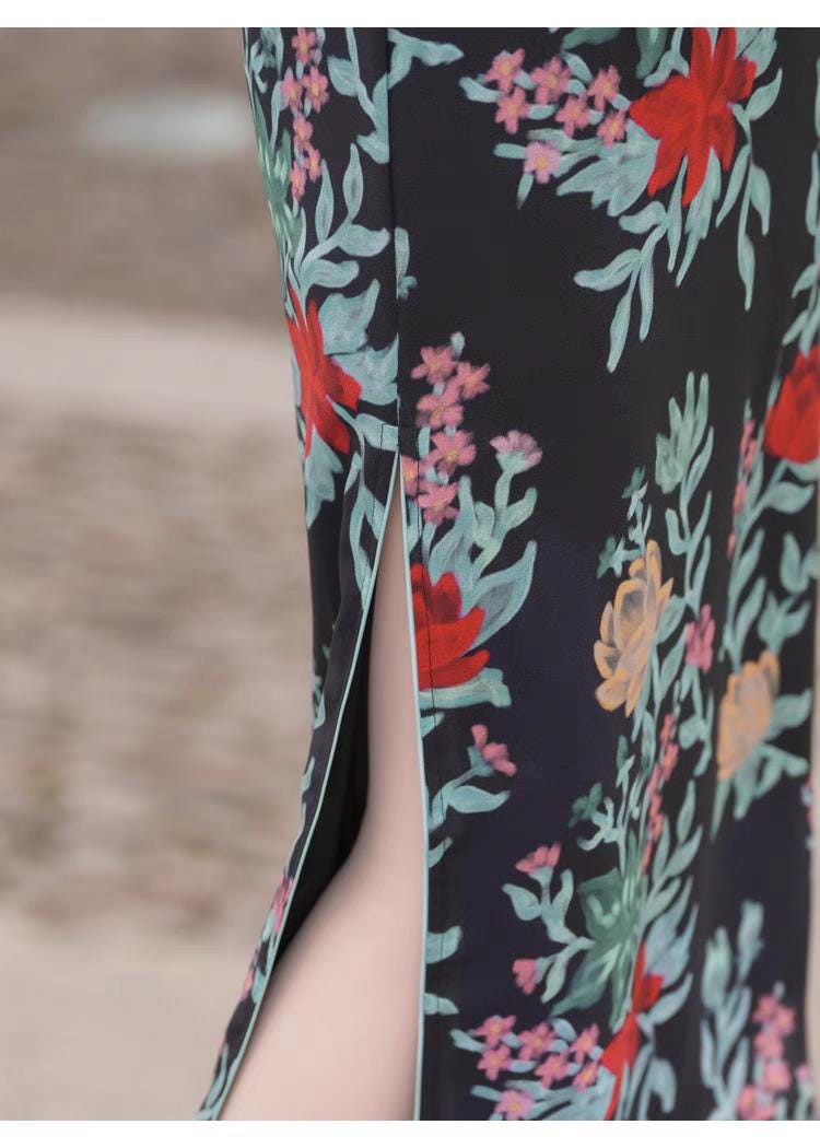Qipao Floral Negro, Vestido Cheongsam Retro, Elegante Vestido de Noche, Vestido de Verano, Traje de Boda Cultural, Vestido Vintage  para Té