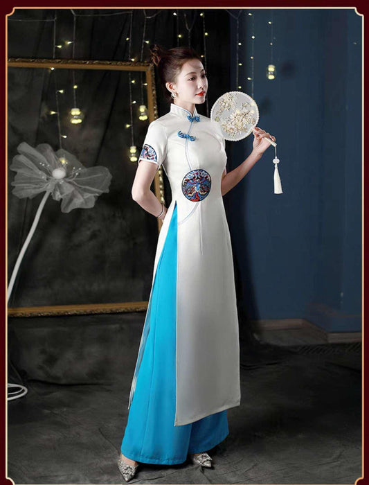 Elegante Cheongsam Blanco, Conjunto Qipao Chino, Vestido Panel Azul, Vestido de Noche Oriental, Vestido Largo, Vestido Ceremonia Cultural