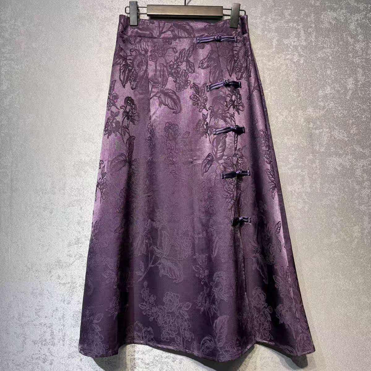 Falda Midi de Seda, Falda A-Line Morada, Estilo Vintage Tang, Falda de Seda Brocada, Falda Inspirada en Hanfu, Falda de Fiesta Jacquard,