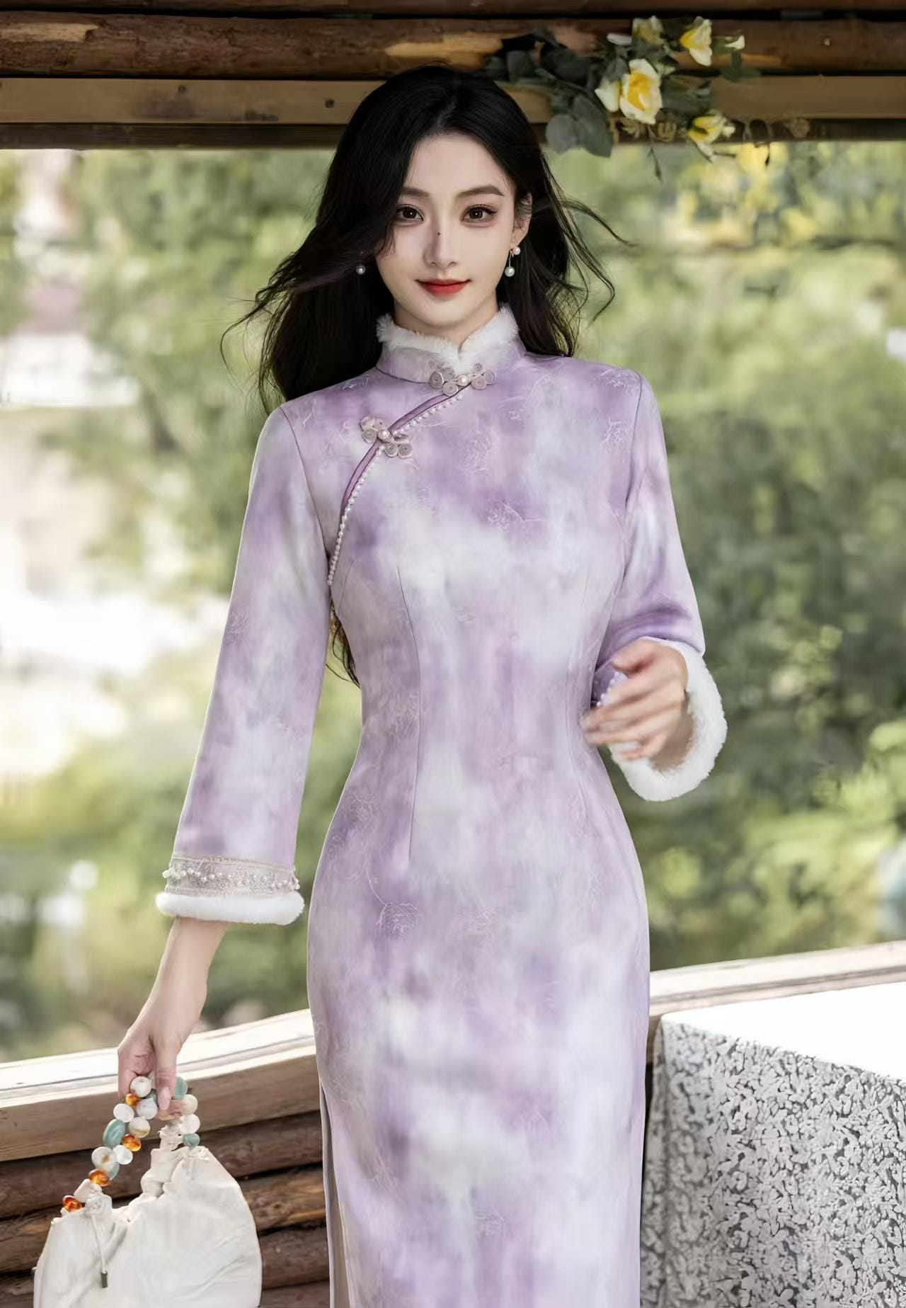 Purple-white velvet qipao, lined cheongsam, elegant Chinese dress, vintage oriental dress, luxury Asian winter costume