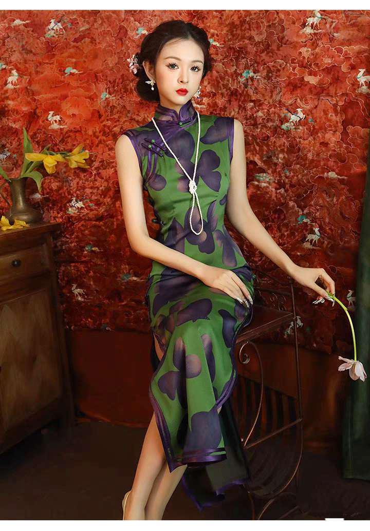 Vestido Qipao Mariposa, Vestido Cheongsam Verde, Vestido Estilo Asiático Vintage,  Qipao Primavera Verano, Vestido Vintage Elegante para Té