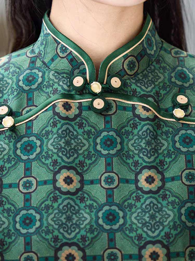 Qipao Chino Vintage,Vestido Cheongsam Retro Elegante,Vestido Qipao Estampado Verde,Qipao Estilo Tradicional,regalo cultural,Ceremonia del Té