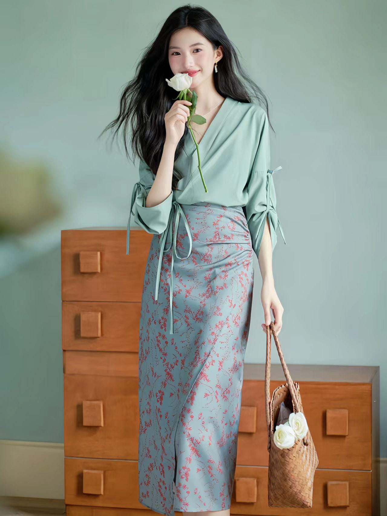 Elegante conjunto de falda y top verde, traje de dos piezas inspirado en el Qipao,conjunto de estilo chino vintage,ropa de oficina cultural