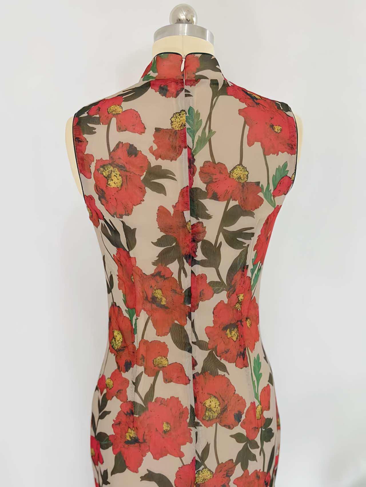 Vestido Qipao Flor Rojo, Vestido Retro Chino, Cheongsam Oriental de Verano, Elegante Qipao Vintage,Vestido Garden Tea Party,regalo para ella