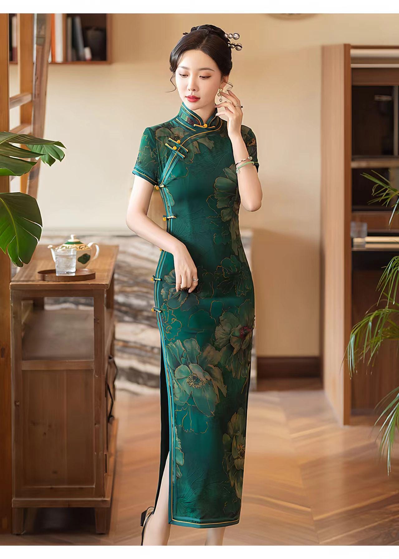 Vestido Cheongsam Verde, Vestido Chino Vintage, Vestido de Ceremonia de Té, Vestido de Noche, Vestido Estilo Dinero Viejo, Ceremonia del Té