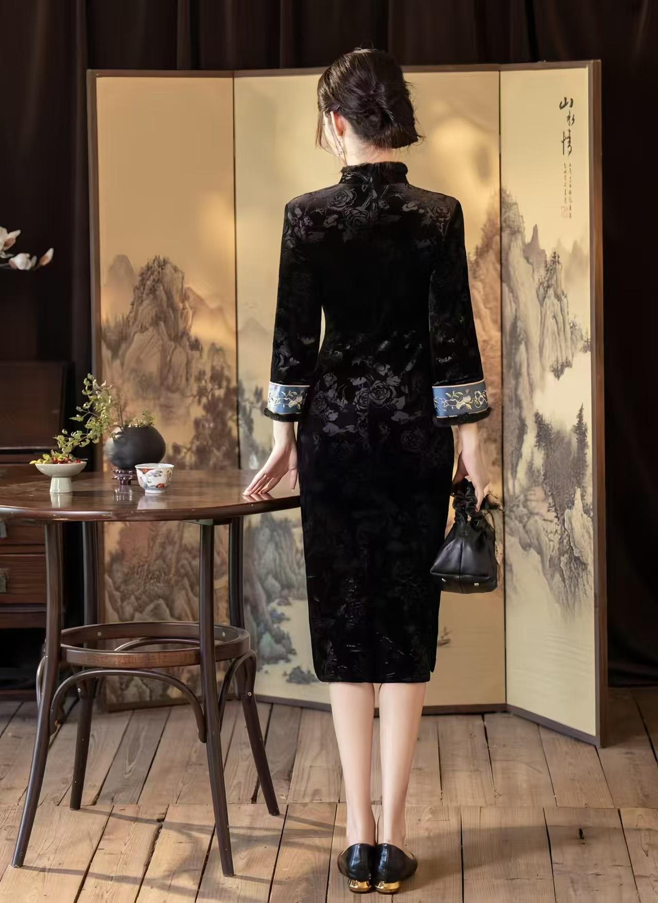 Pink Black Velvet Qipao, Fleece Lined Cheongsam, Elegant Chinese Dress, Gothic Oriental Evening Costume, Vintage Luxury Dress