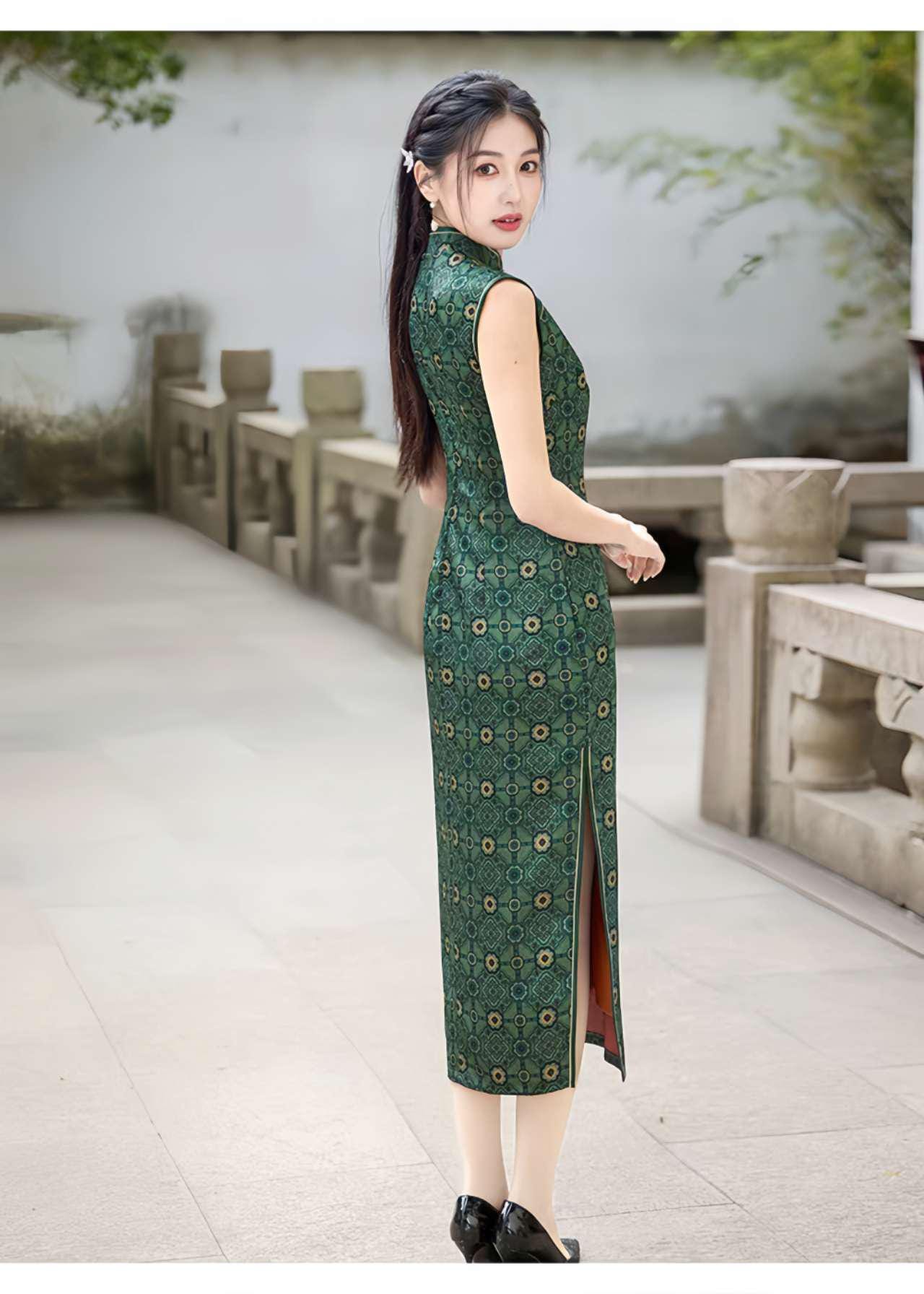 Qipao Chino Vintage,Vestido Cheongsam Retro Elegante,Vestido Qipao Estampado Verde,Qipao Estilo Tradicional,regalo cultural,Ceremonia del Té