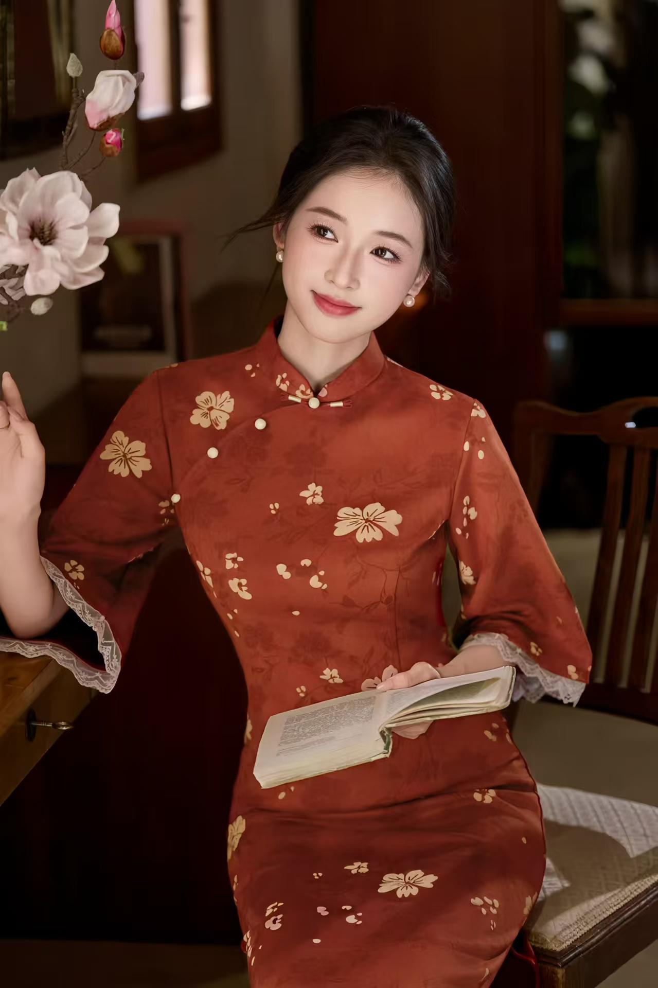 Vestido Qipao Rojo Vintage, Vestido Cheongsam de Ante, Elegante Vestido Midi Floral, Traje de Fiesta Estilo Chino, Cheongsam Otoño Invierno
