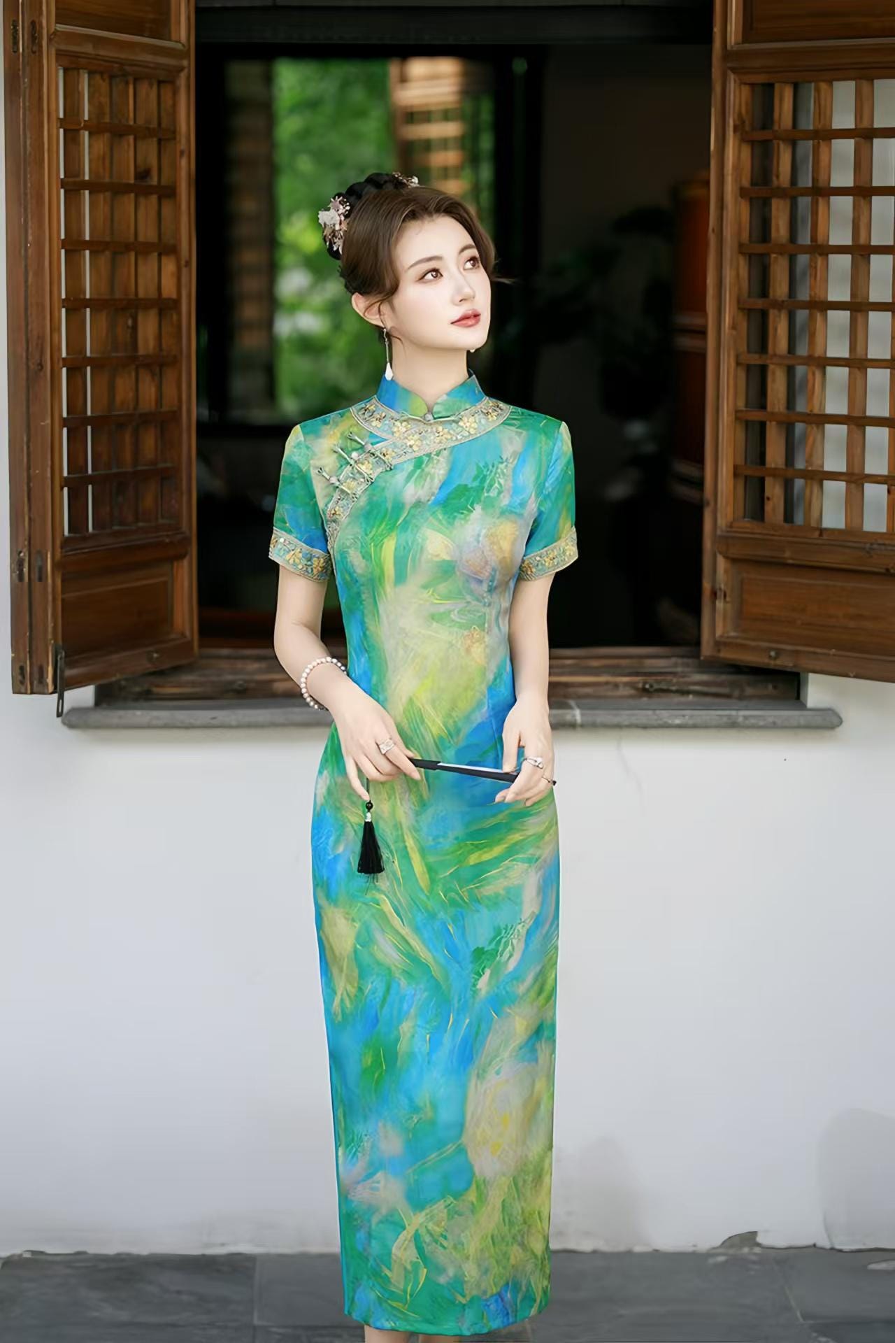 Qipao Jacquard,Vestido Cheongsam,Vestido Étnico Bordado, Maxi Qipao Artístico Azul Verde,Vestido Formal Tradicional Asiático,Vestido de Lujo