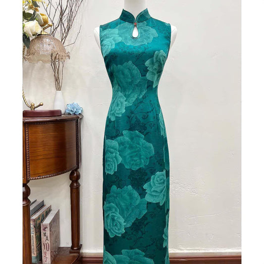 Vestido Qipao Verde Azulado Floral – Vestido Cheongsam Chino sin Mangas – Moda Oriental Tradicional – Vestido para Ceremonia de Té & Bodas