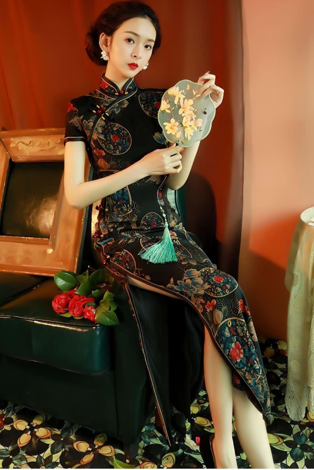 Vintage Chinese Cheongsam - Elegant Evening Dress with Lucky Cloud and Orchid Motif - Unique Printed Oriental Dress