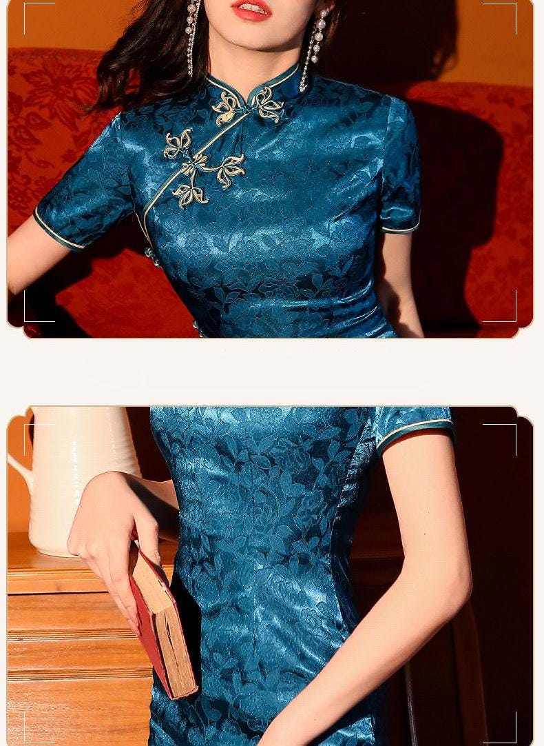 Vestido Qipao de Jacquard Azul – Cheongsam Vintage – Vestido Chino con Abertura Alta –Cheongsam Floral Mujer –Atuendo Tradicional de Fiesta
