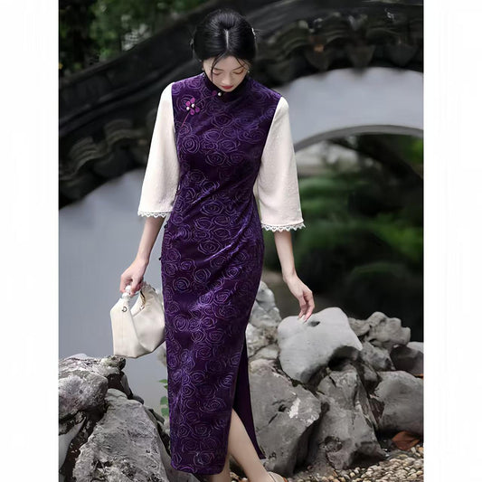 Qipao de Terciopelo,Vestido Cheongsam clásico,Vestido de Fiesta Oriental morado,Vestido Formal Vintage,Cheongsam Retro Floral,para Té o Gala