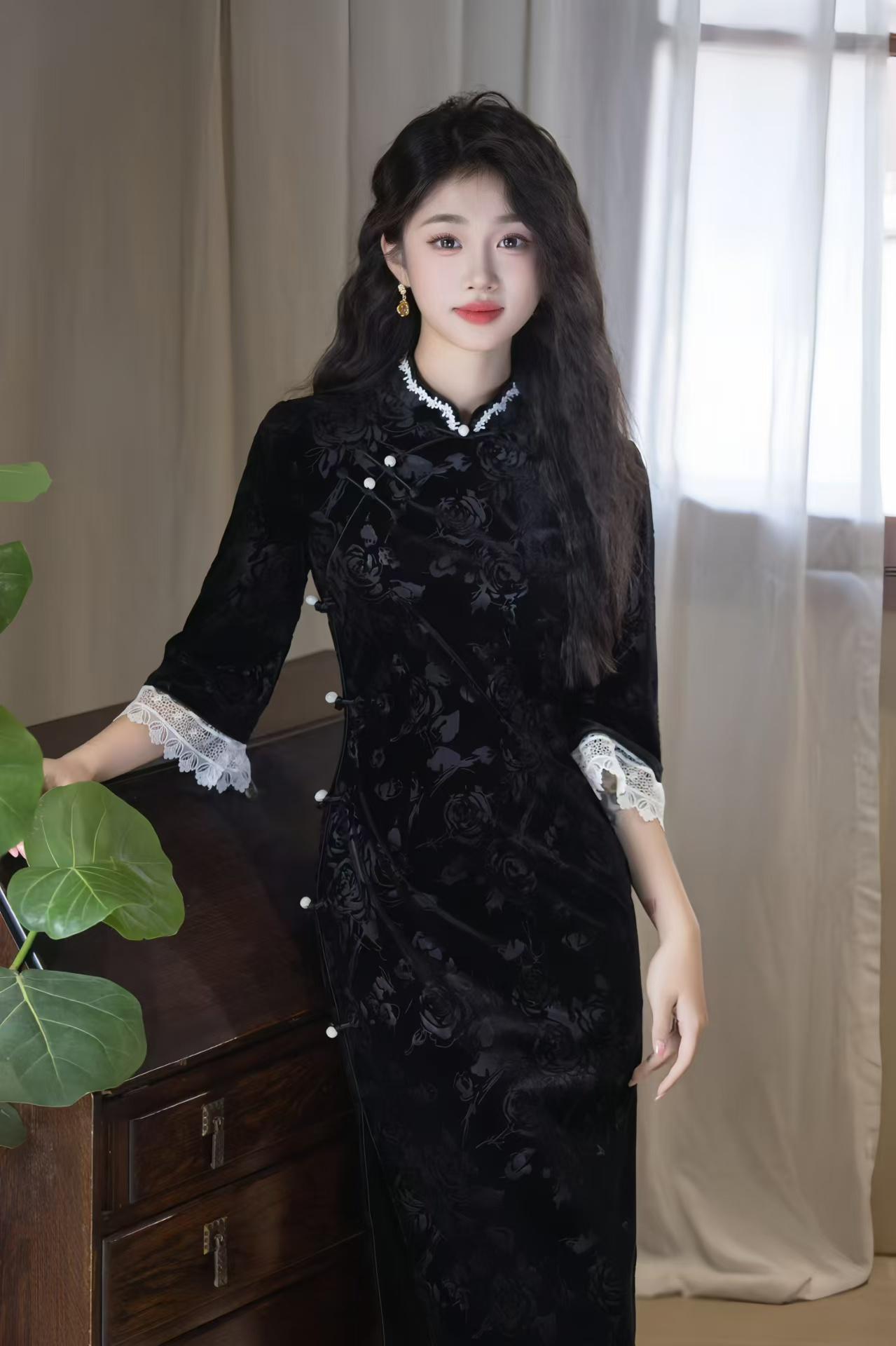 Pink Velvet Jacquard Qipao, Black Midi Cheongsam Dress, Elegant Chinese Dress with Lace Trim, Vintage Autumn Oriental Dress