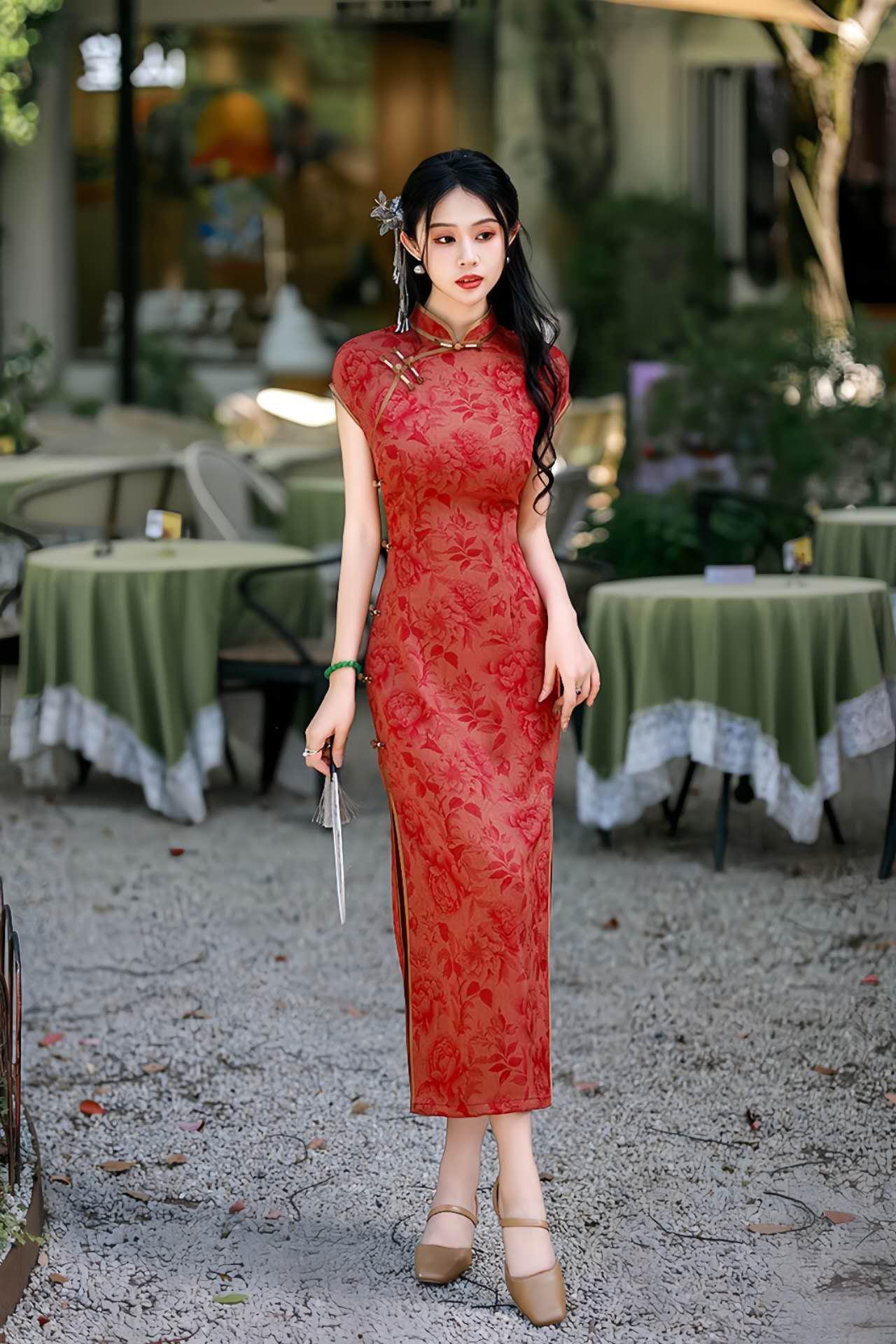 Vestido Qipao Brocado Rojo, Elegante Cheongsam Chino, Vestido Regalo Madre Asiática, Vestido Retro Té Oriental, Vestido Largo