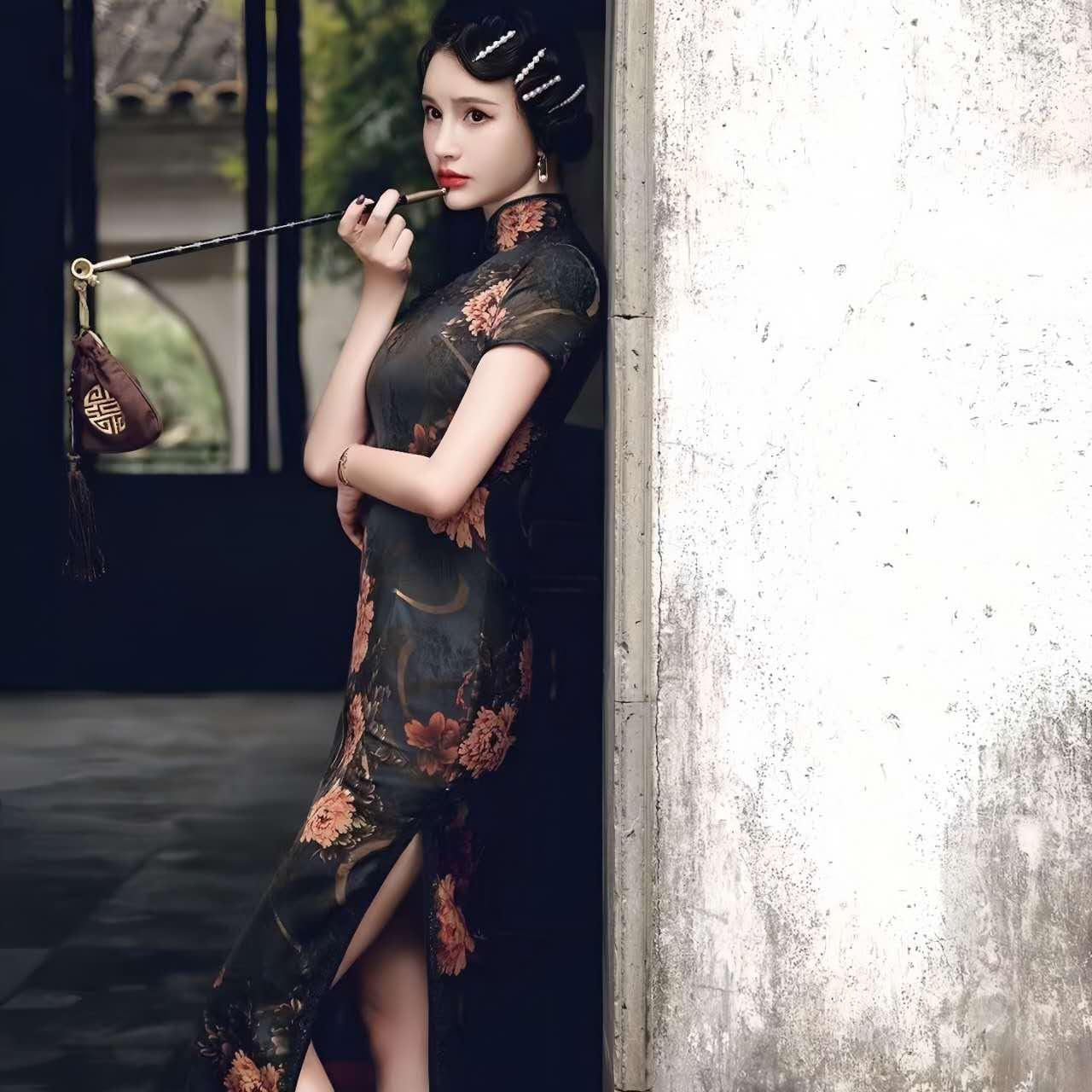 Qipao tradicional chino,vestido cheongsam floral,ropa vintage asiática,moda oriental elegante,vestido largo con abertura, vestido de fiesta